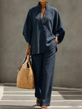 Women’s 2 Piece Outfits Oversized Button Top and Wide Leg Pants Set Casual Summer Vacation Matching Set