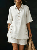 2pcs Women's Comfortable Loose Button-Up Shirt And Shorts Breathable Pocket Combo, Casual Vacation Summer Outfit