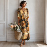 Women's Boho Floral Print Maxi Dress, V Neck 3/4 Sleeve Loose Casual Long Dress with Pockets