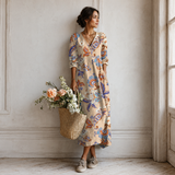 Women's Boho Floral Print Maxi Dress, V Neck 3/4 Sleeve Loose Casual Long Dress with Pockets