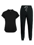 Women's 2 Piece Set, Stand Collar Short Sleeve Top and Elastic Drawstring Pants with Pocket, Work Uniform