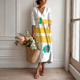 Women's Boho Floral Print Maxi Dress, V Neck 3/4 Sleeve Loose Casual Long Dress with Pockets