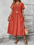 Women's Elegant Batwing Sleeve Dress - Directional Front Pleated Patch Pocket, Summer Casual Dress Loose Fit