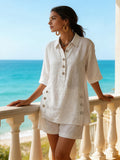 2pcs Women's Comfortable Loose Button-Up Shirt And Shorts Breathable Pocket Combo, Casual Vacation Summer Outfit
