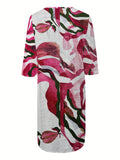 [Printed V-Neck Dress] Women's Spring/Autumn Casual Vacation Printed V-Neck Short Sleeve Dress, Loose Fit for Daily Wear