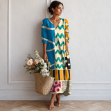 Women's Boho Floral Print Maxi Dress, V Neck 3/4 Sleeve Loose Casual Long Dress with Pockets