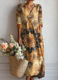 Women's Boho Floral Print Maxi Dress, V Neck 3/4 Sleeve Loose Casual Long Dress with Pockets
