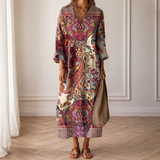 Women's Boho Floral Print Maxi Dress, V Neck 3/4 Sleeve Loose Casual Long Dress with Pockets
