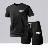 Men's Black 2 Piece Crew Neck Short Sleeve T Shirt and Drawstring Casual Shorts Summer Set