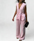 Women's 2 Piece Cotton Set Sleeveless V Neck Top and Wide Leg Pants Set, Comfortable and Soft for Casual and Summer Wear