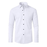 Men's Slim Fit Solid Shirt with Black Button Accents, High Elasticity, Perfect for Business and Casual Wear