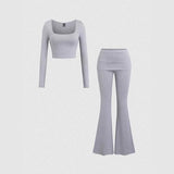 Women's Grey Casual Two Piece Outfit Square Neck Long Sleeve Crop Top and High Waist Flare Pants Coordinated Set