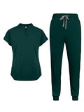 Women's 2 Piece Set, Stand Collar Short Sleeve Top and Elastic Drawstring Pants with Pocket, Work Uniform