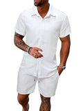 Men's White 2 Piece Outfit, Summer Wear, Short Sleeve Button-Down Shirt and Elastic Waist Shorts Set for Casual wear