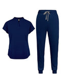 Women's 2 Piece Set, Stand Collar Short Sleeve Top and Elastic Drawstring Pants with Pocket, Work Uniform