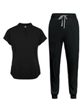 Women's 2 Piece Set, Stand Collar Short Sleeve Top and Elastic Drawstring Pants with Pocket, Work Uniform
