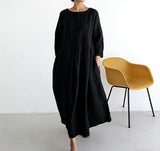 Women's Cotton-Linen Maxi Dress Three-Quarter Sleeve Pleated Loose Fit for Casual Daily Wear