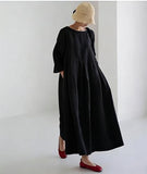 Women's Cotton-Linen Maxi Dress Three-Quarter Sleeve Pleated Loose Fit for Casual Daily Wear