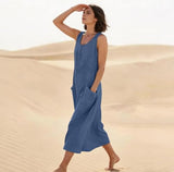 Women's Cotton Linen Sleeveless Maxi Dress with Side Pockets Loose Fit for Casual Vacations