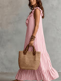 Bohemian Striped Dress Women'S Summer V-Neck Ruffled Sleeveless Loose Flared Vacation Long Dress