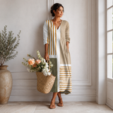 Women's Boho Floral Print Maxi Dress, V Neck 3/4 Sleeve Loose Casual Long Dress with Pockets