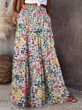 Women's Summer Floral Print Maxi Skirt, Casual High-Waisted Outdoor Skirt, Ruffled Hem Skirt Glossy Texture