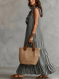 Bohemian Striped Dress Women'S Summer V-Neck Ruffled Sleeveless Loose Flared Vacation Long Dress