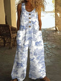 Women's Floral Button Front Coverall Jumpsuit - High Waist Wide Leg Romper with Pockets for Summer Beach Daily Wear