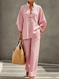 Women’s 2 Piece Outfits Oversized Button Top and Wide Leg Pants Set Casual Summer Vacation Matching Set
