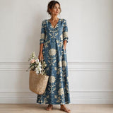 Women's Boho Floral Print Maxi Dress, V Neck 3/4 Sleeve Loose Casual Long Dress with Pockets