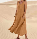 Women's Cotton Linen Sleeveless Maxi Dress with Side Pockets Loose Fit for Casual Vacations
