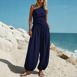 Womens 2 Piece One Shoulder Draped Sleeveless Top and High Waist Balloon Pants Casual Vacation Set