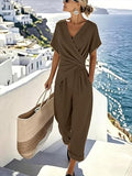 Women’s 2 Piece Summer Outfits Short Sleeve Wrap Top and Wide-Leg Pants Set Casual Resort Lounge Set with Pockets