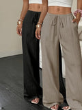 2pcs Women's Casual Solid Color Waist-Tie Pocket Wide-Leg Pants Set, Suitable for Casual Daily Wear and Vacation