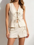 Women's White Sleeveless Bow Tie Vest and Skort Two-Piece Set Casual Summer Outfit