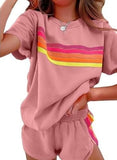 Women's Rainbow Stripe 2 Piece Loungewear Set Oversized Top and Shorts Casual Outfit
