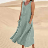 Women's Cotton Linen Sleeveless Maxi Dress with Side Pockets Loose Fit for Casual Vacations