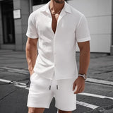 Men's 2 Piece Jacquard Set with Short Sleeve Button Up Shirt and Drawstring Shorts for Casual and Vacation Wear