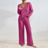 Women's V-Neck Loose Casual Ribbed Brushed Long Sleeved Set