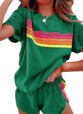 Women's Rainbow Stripe 2 Piece Loungewear Set Oversized Top and Shorts Casual Outfit