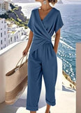 Women’s 2 Piece Summer Outfits Short Sleeve Wrap Top and Wide-Leg Pants Set Casual Resort Lounge Set with Pockets
