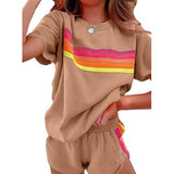 Women's Rainbow Stripe 2 Piece Loungewear Set Oversized Top and Shorts Casual Outfit