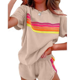Women's Rainbow Stripe 2 Piece Loungewear Set Oversized Top and Shorts Casual Outfit