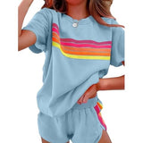 Women's Rainbow Stripe 2 Piece Loungewear Set Oversized Top and Shorts Casual Outfit
