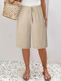 Womens Solid Color Drawstring Elastic Waist Loose Fit Casual Knee Length Shorts with Pockets