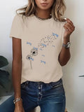 Womens Crew Neck Short Sleeve Lavender Floral Print Casual T Shirt for Spring & Summer