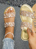Women Sparkly Glitter Decorated Slippers, Casual Flat Summer Shoes, Lightweight Beach Sandals
