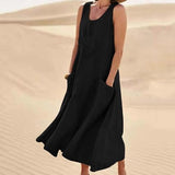 Women's Cotton Linen Sleeveless Maxi Dress with Side Pockets Loose Fit for Casual Vacations