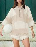 Women's 2 Piece Striped Half Zip Top and Shorts Set, Perfect for Casual and Active Wear