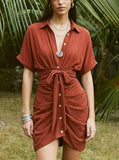 Women's Boho Dress Collared Single Breasted Tie Waist Short Sleeve Shirt Dress Rushed Botton Front Casual Vacation
